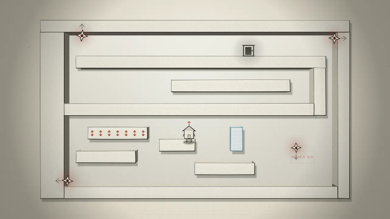 Room 1,051: four numbered glyphs, an updraught column and a block of ice.