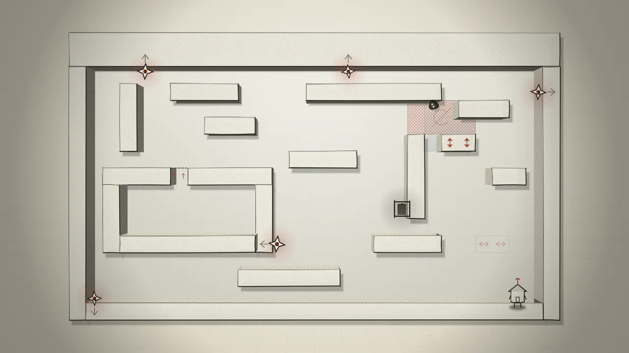 Room 3,001: a vault with five numbered glyphs, a hazard and a one-way membrane.
