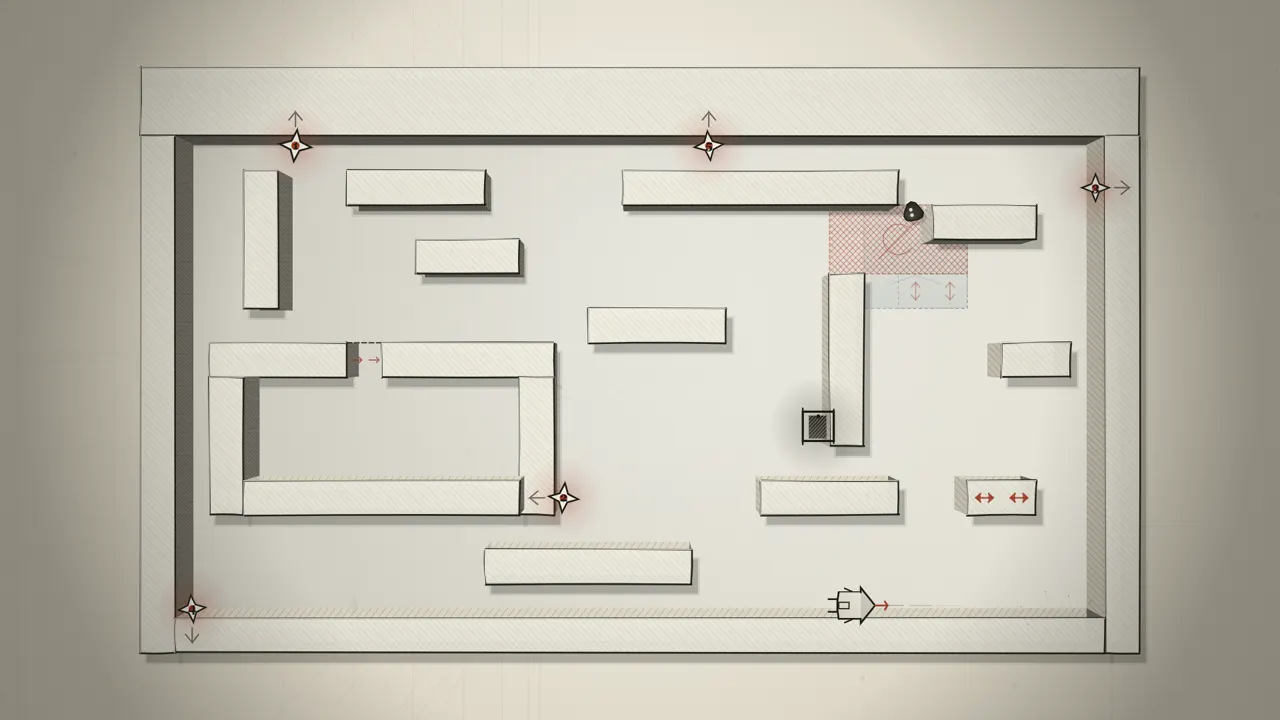The same room after a quarter turn: the house now stands on what was a wall.